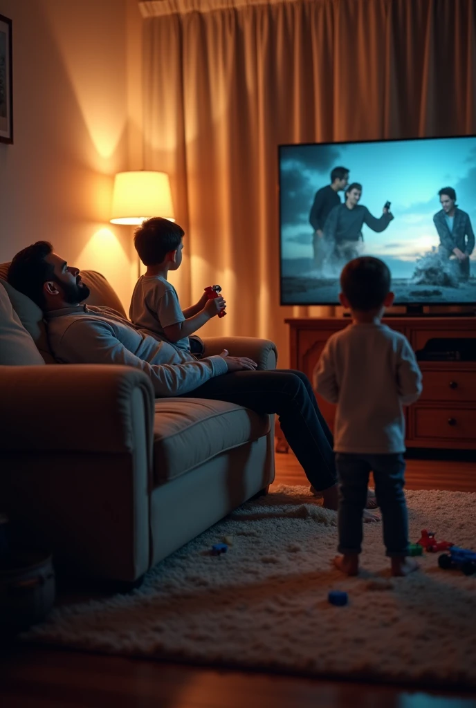 father watching tv and his 12 year old son calling him from behind but the father is ignoring the child