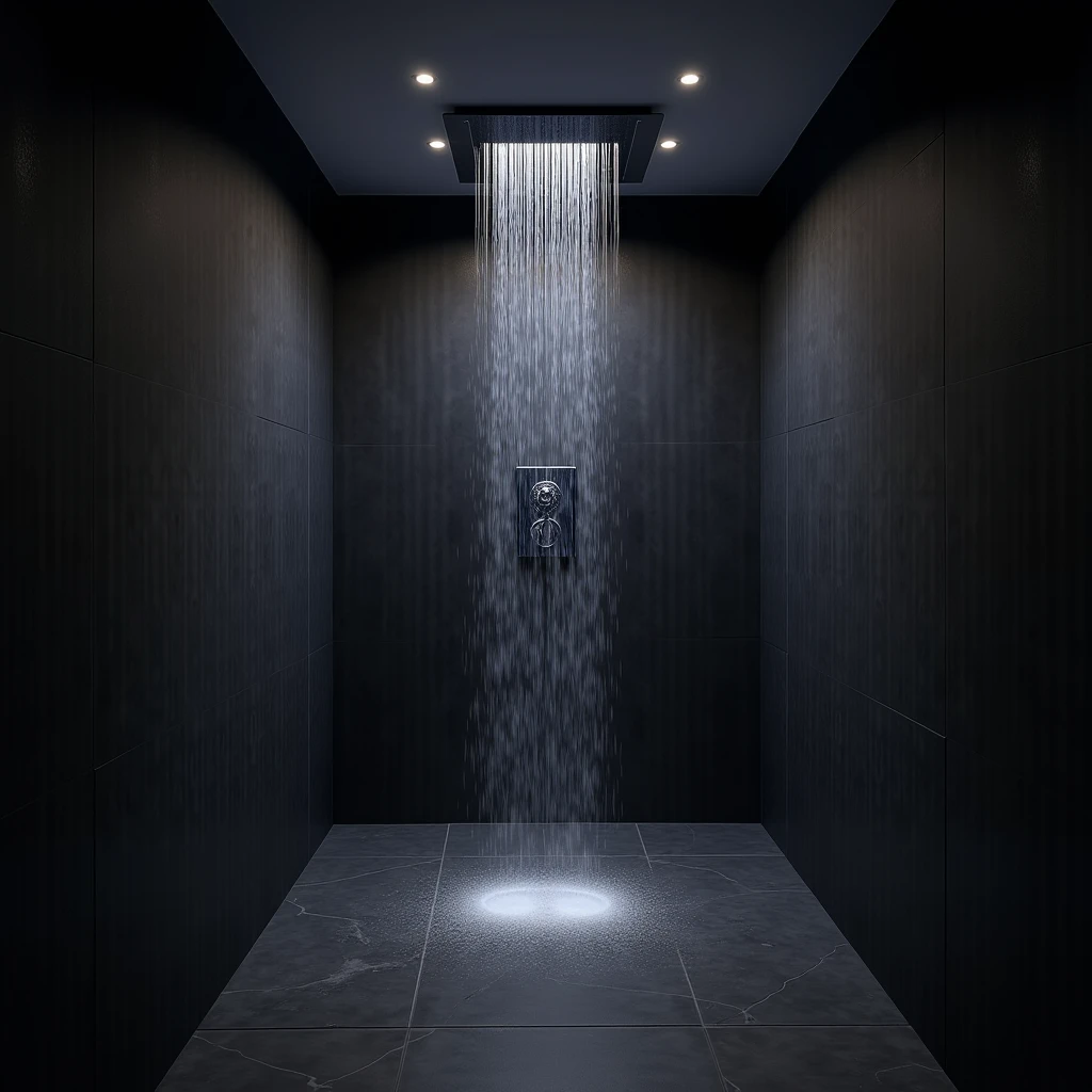 Create me a beautiful dark shower, really nice with LED lighting and luxurious, the LEDs should be there but kept simple, the lighting needs to come out a bit more otherwise good, the LEDs on top too colorful, simple.