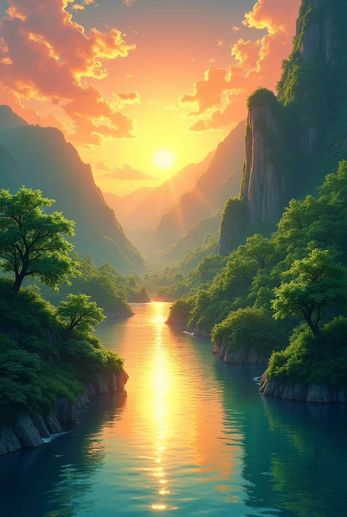 Anime The sunsets over the river valley to cause the golden glow on water illuminating th lush hills
Full green trees