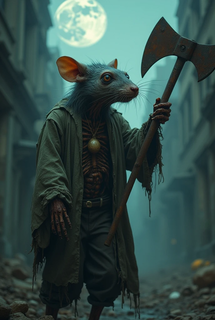 (Ultra detailed), a chilling full-size portrait of a decaying anthro rat, zombie, holding an aged, rusted axe, ((corpse-like skin)), ((detailed hands grasping the axe tightly)), ((loose, tattered clothes)), ((dull eyes with a hollow, vacant stare)), ((lean body with prominent bones and rat-like features)), ((backdropped by a desolate, abandoned cityscape under a moonlit, foggy night))., trending on artstation,foxovh, cenematic lighting, detailed background, ((haunting, eerie, menacing aura)), cyberpunk anthro rat male wearing cyberpunk outit in a destroyed city . shallow depth of field, vignette, highly detailed, high budget, bokeh, cinemascope, moody, epic, gorgeous, film grain, grainy, high quality photography, 3 point lighting, flash with softbox, 4k, Canon EOS R3, hdr, smooth, sharp focus, high resolution, award winning photo, 80mm, f2.8, bokeh