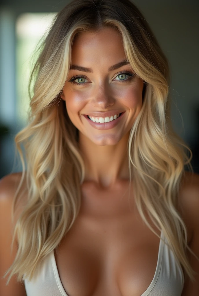 a beautiful 1girl, blonde hair, green eyes, big eyes, cute smile, big boobs, european girl, 23 years old, gym(best quality,4k,8k,highres,masterpiece:1.2),ultra-detailed,(realistic,photorealistic,photo-realistic:1.37),HDR,UHD,studio lighting,ultra-fine painting,sharp focus,physically-based rendering,extreme detail description,professional,vivid colors,bokeh,portrait