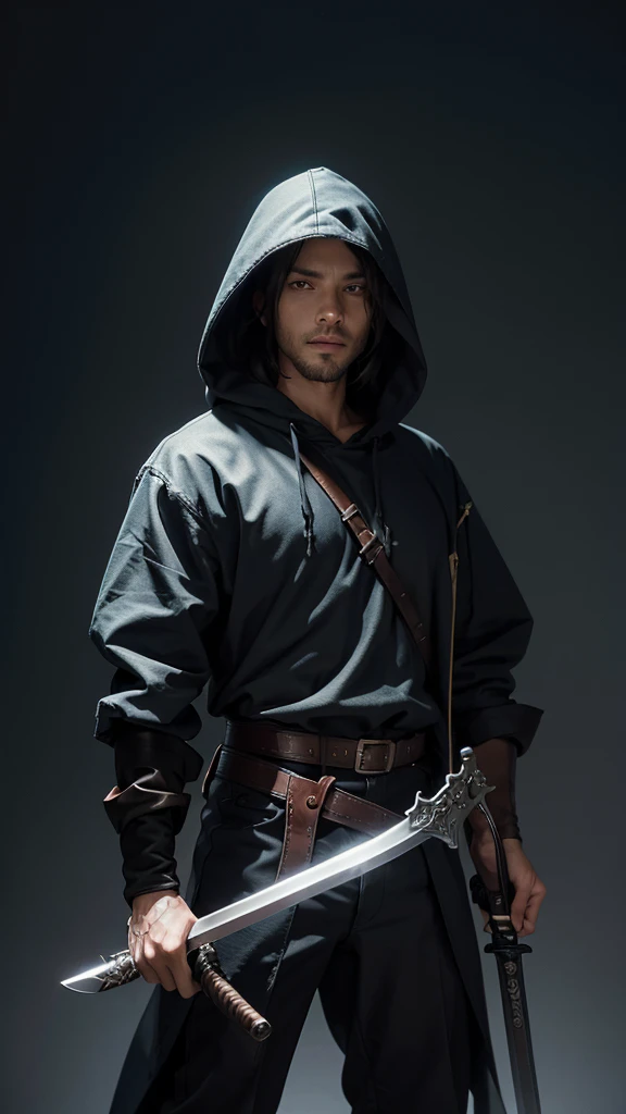 A man, wielding a sword and a gun, with a hood over his head.
He holds a sword and a gun.
