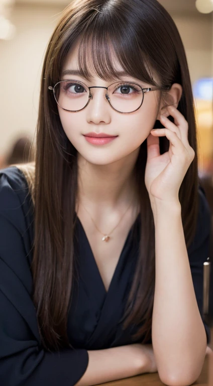 NFSW、Tabletop、masterpiece、One Girl、(Face close-up、Cowboy Shot)、Front view from the front、Japanese、Very young and pretty woman、(The cutest in the world)、、Makes your face smaller、Big ample breasts、Chiffon skirt、Very elaborate costumes、Smiling at the cafe、Scrunchie、Thin Necklace、Attractive person、Super cute face、Glossy Lips、Double eyelids on both eyes、 Natural Makeup、Long eyelashes、Shiny and smooth light brown hair、Bans、Short Twin Tails、Asymmetrical bangs、Center image、8k resolution、Attention to detail、Detailed hairstyle、Detailed face、Great cinema lighting、Octane Rendering、Vibrant、Ultra-realistic、Perfect limbs、Perfect Anatomy、(( nude、Glasses、Upper body naked、))