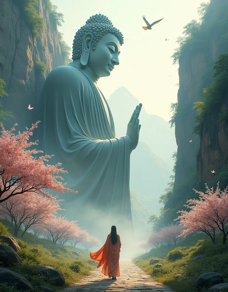 Design a scene of a person and the Leshan Giant Buddha Scenic Area. It can be of any style and artistic conception. There is some connection between the person and the Buddha. The perspective is reasonable