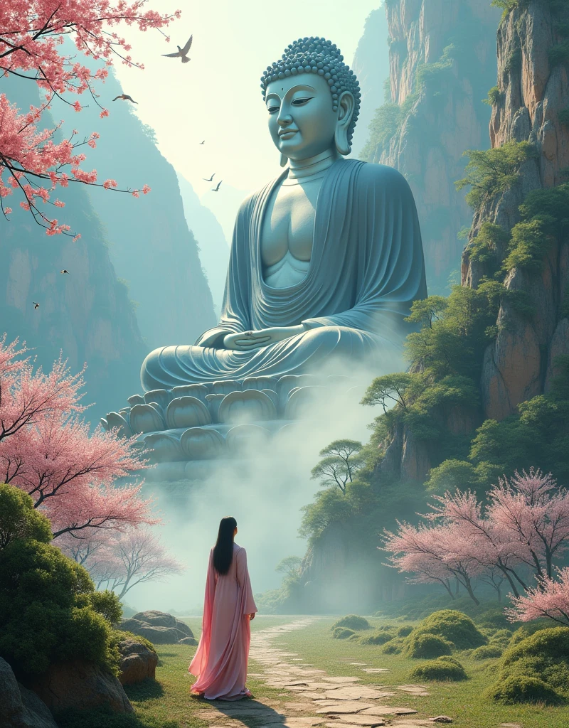 Design a scene of a person and the Leshan Giant Buddha Scenic Area. It can be of any style and artistic conception. There is some connection between the person and the Buddha. The perspective is reasonable