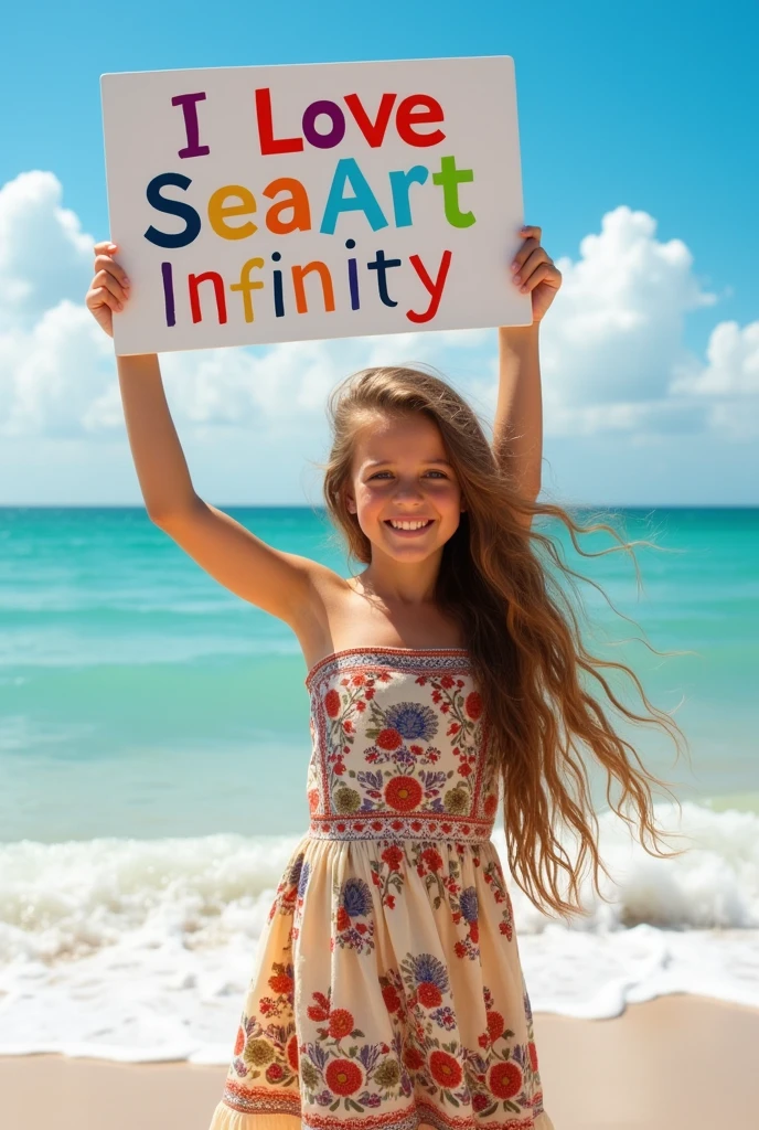 Beautiful girl with wavy long hair, bohemian dress, holding a white board with text "I Love Seaart Infinity" and showing it to the viewer