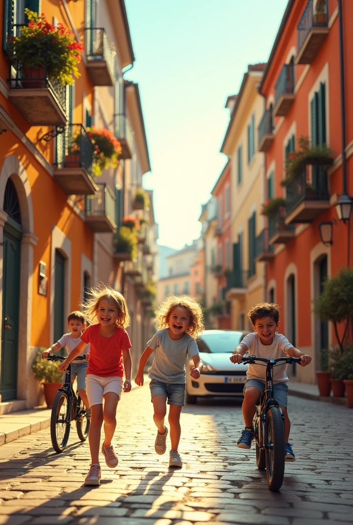 A city looking like italian,cities,like roma (asmara,eritrea). Kids playing around in the broad streets,and some bicycles along with the cars like in 2030