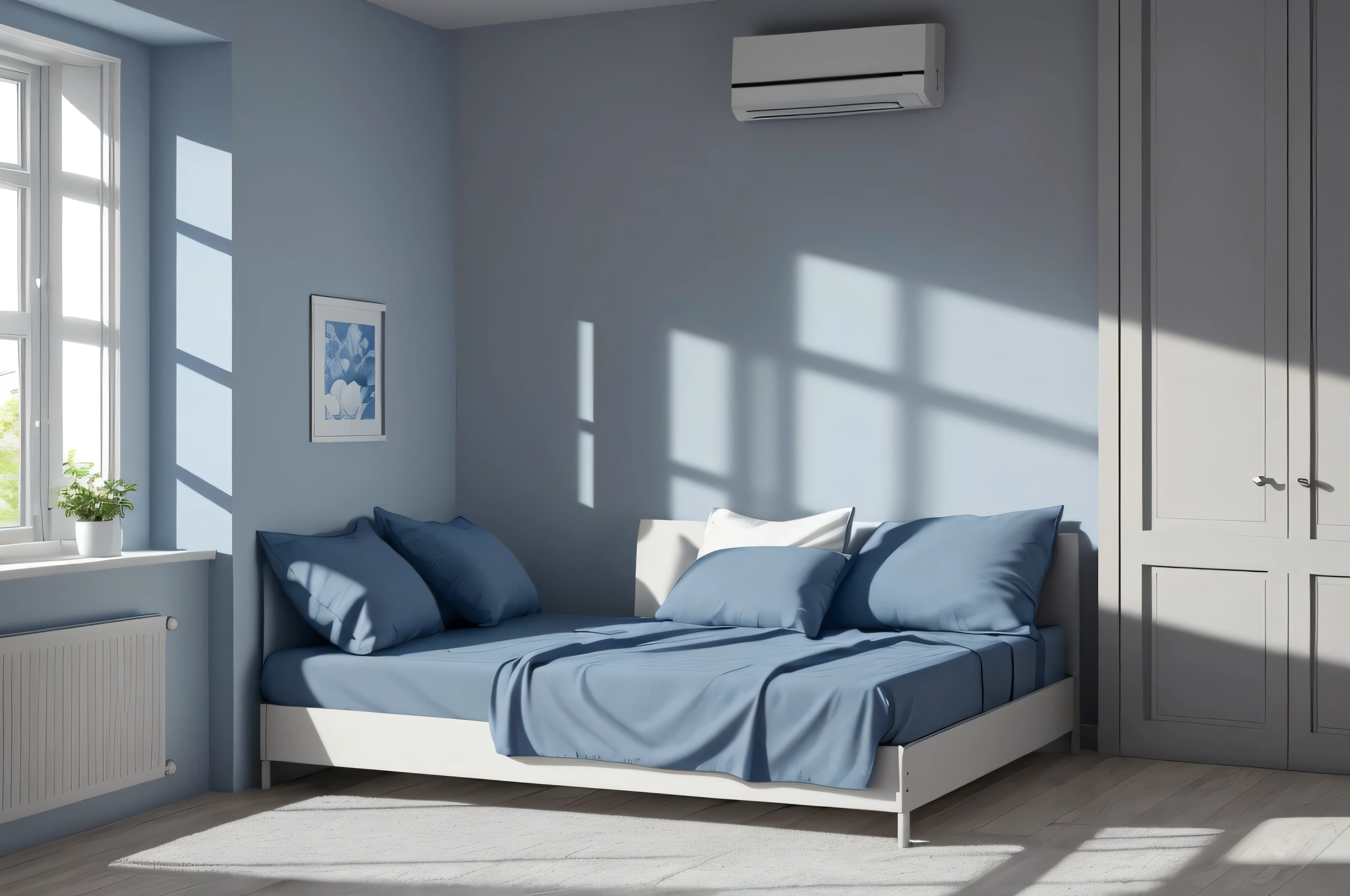 a bed sitting in a bedroom next to a window, a stock photo, shutterstock, air conditioner, blue realistic 3 d render, blue and grey theme, relaxing on a modern couch