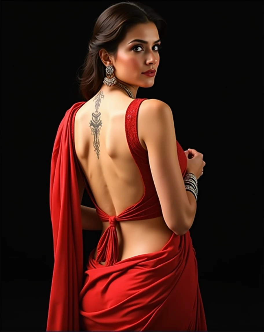 a beautiful woman in a red saree, Crimson glowing eyes, a delicate tattoo on her back, Sexy and sultry expression, Detailed facial features, Intricate jewelry, Movie Lighting, 8K, Extremely detailed, Surrealism, Theatrical atmosphere, Dark Fantasy, Dramatic Colors, Chiaroscuro lighting, simple green background,