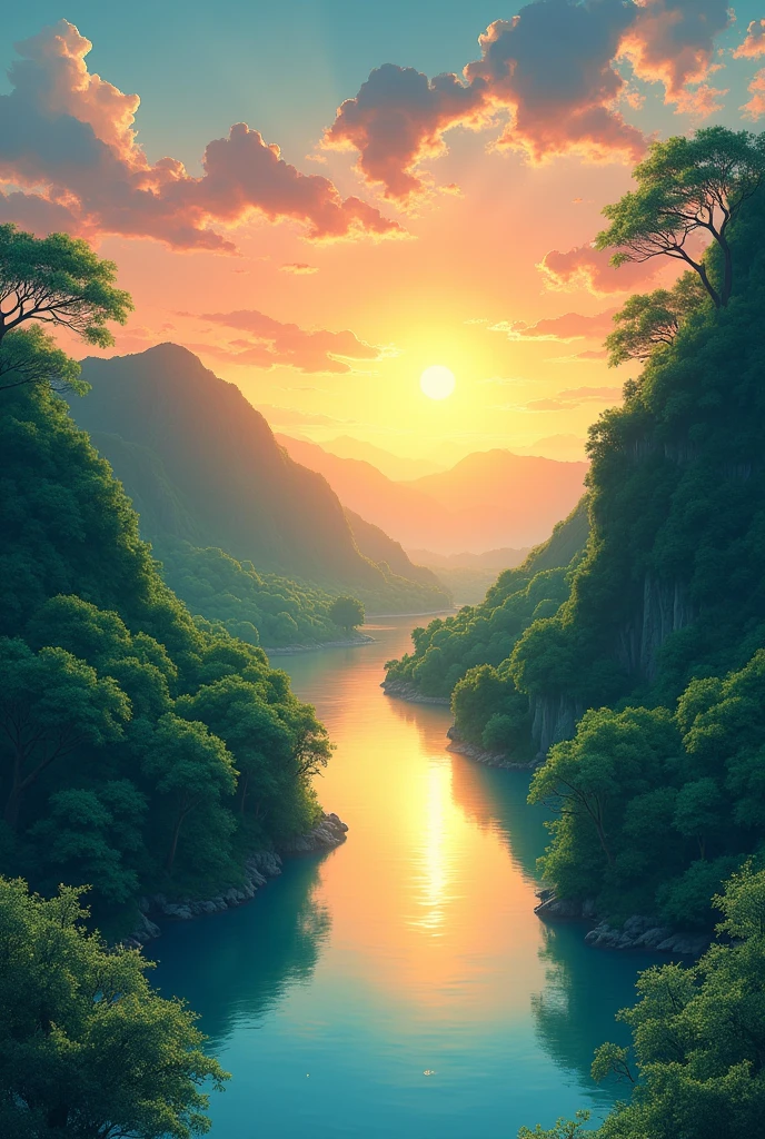 Anime The sunsets over the river valley to cause the golden glow on water illuminating th lush hills
Full green trees