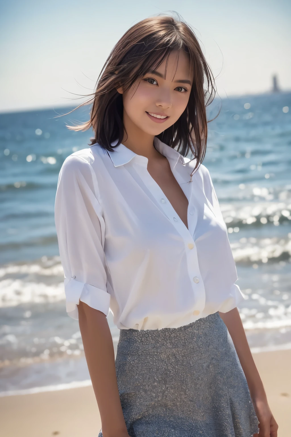 realistic, photogenic, with the sea in the background, wearing school uniform, the top button of the upper cloth is open, a little exposed at chest, skirt is short and just reaching above the thighs, middle-length hair, hair color mixes bronde and brown, hair is blowing in the wind, hair is shaggy and dishevelled, very sunburned and tanned skin, slendar figure, skiny chest, heavy and vivid makeup, small mouth, small nose, smooth shaped jawline, glossy face, heavy flushed cheeks, big smile while open mouth, easing someone, detailed eyes, slanted eyebrows, detailed lips, close-up shooting, photorealistic, highly detailed, 8k, best quality, masterpiece, vibrant colors, dramatic lighting, cinematic composition, digital art