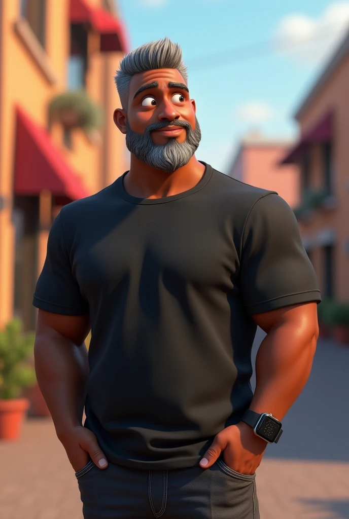 Create a stylized 3D cartoon character of a middle-aged black man with very short hair, wearing modern black glasses. The character should have a broad build but without a belly or muscular physique, and a friendly expression, but not smiling. His skin tone is dark brown with a warm undertone. The man has only two prominent vertical wrinkles on his forehead between his eyebrows. His beard is trimmed and sparse, with more white hairs on the chin and the rest being dark gray. His hair is gray, extremely short on top, styled to the right side, and shaved on the sides. The man has hairy arms and does not wear any accessories or jewelry, except for a black smartwatch. He is looking directly at the camera, not cross-eyed, and not smiling. The man is dressed in an oversized black t-shirt and dark gray pants without a belt. The character should be rendered in a stylized, animation-style, with a Pixar-like quality, using Arnold Maya render or toon Keyshot render. The rendering should be high quality, with cinematic lighting, sharp focus, detailed textures, detailed skin, clay-like finish, and bokeh effects in 8K resolution