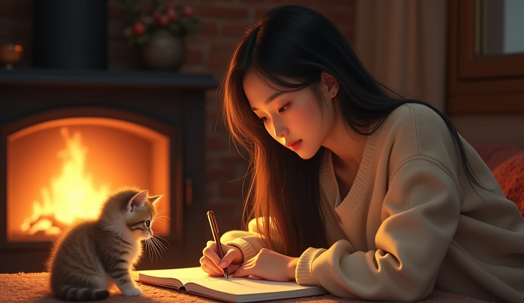 A beautiful young Asian woman with princess-like eyes, wearing stylish casual clothing and headphones, is writing in a notebook. The scene is set in a cozy room with a warm, crackling fireplace. A curious kitten is sitting nearby, watching intently as she writes. The image should be of high quality, a work of art, and highly detailed, with a 16:9 aspect ratio.