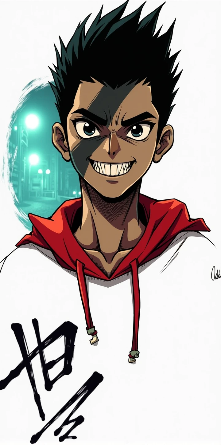 Black eyes, red coat, a scar on the nose as if it was cut, and a black mark under the left eye, condensed and with sharp teeth.
