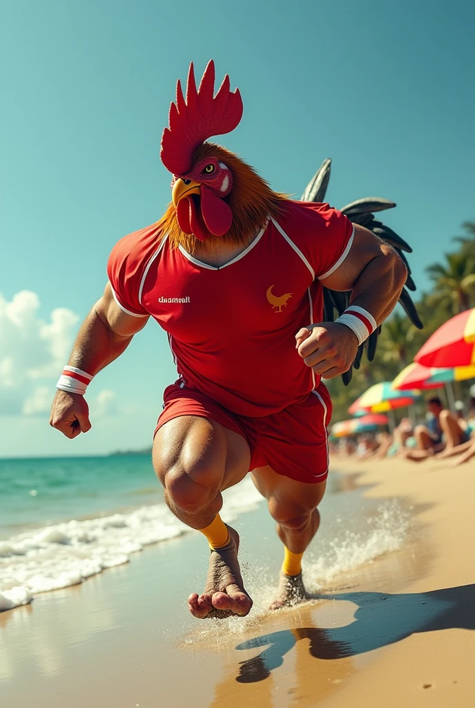 Angry muscular rooster dressed up in a red uniform running away with a rugby ball from ocean eels.