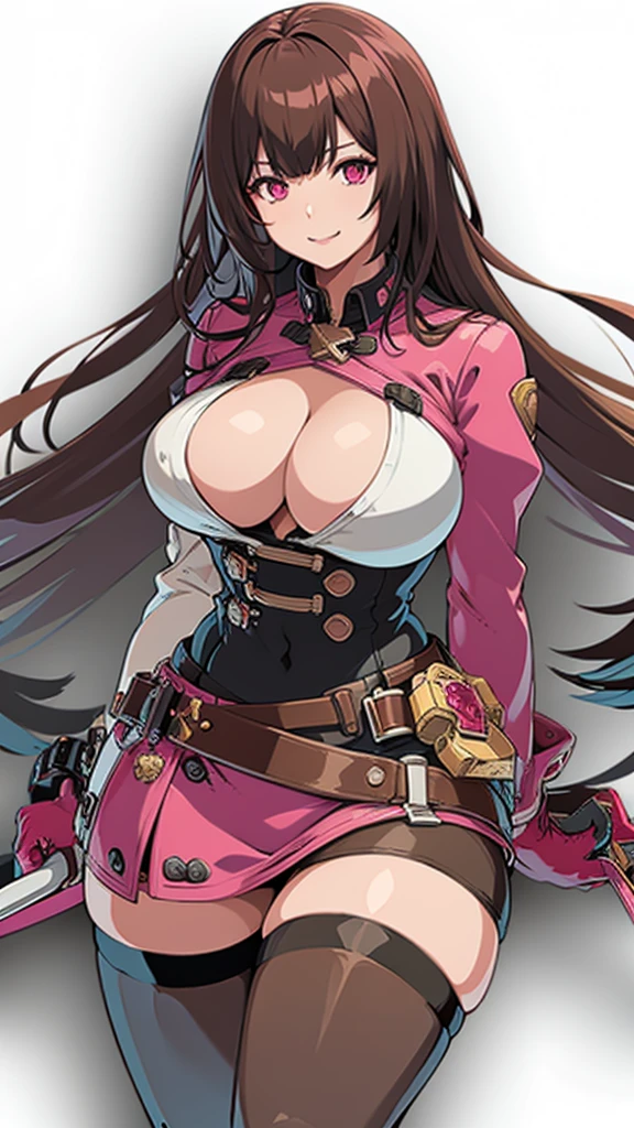 High detailed, 1 girl, solo, Brown colored hair, pink eyes,  busty, firm chunky body, burgundy shirt, , deep cleavage, Juliet sleeves, pencil skirt, black thighhighs, red gloves, Waist chains, smilling 