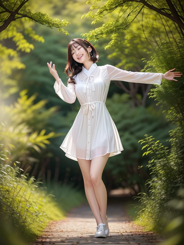 Photo-realistic quality、A Japanese female model wearing a dress and white shoes is dancing on a forest path., ダンサーのcute遊び心のあるポーズ, smile, Ruffled Costume, cute,  In a dress, Wearing long, loose clothing, Spin around,Cute smile、Relaxed and gentle expression、Looking up and closing his eyes