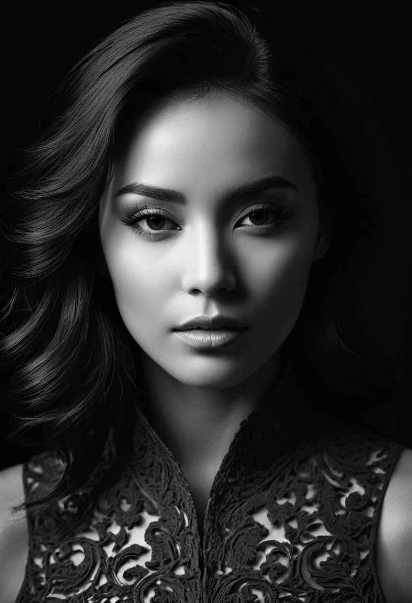 black and white, woman, Shadow Symphony, sharp focus, studio photo, intricate details, highly detailed,
