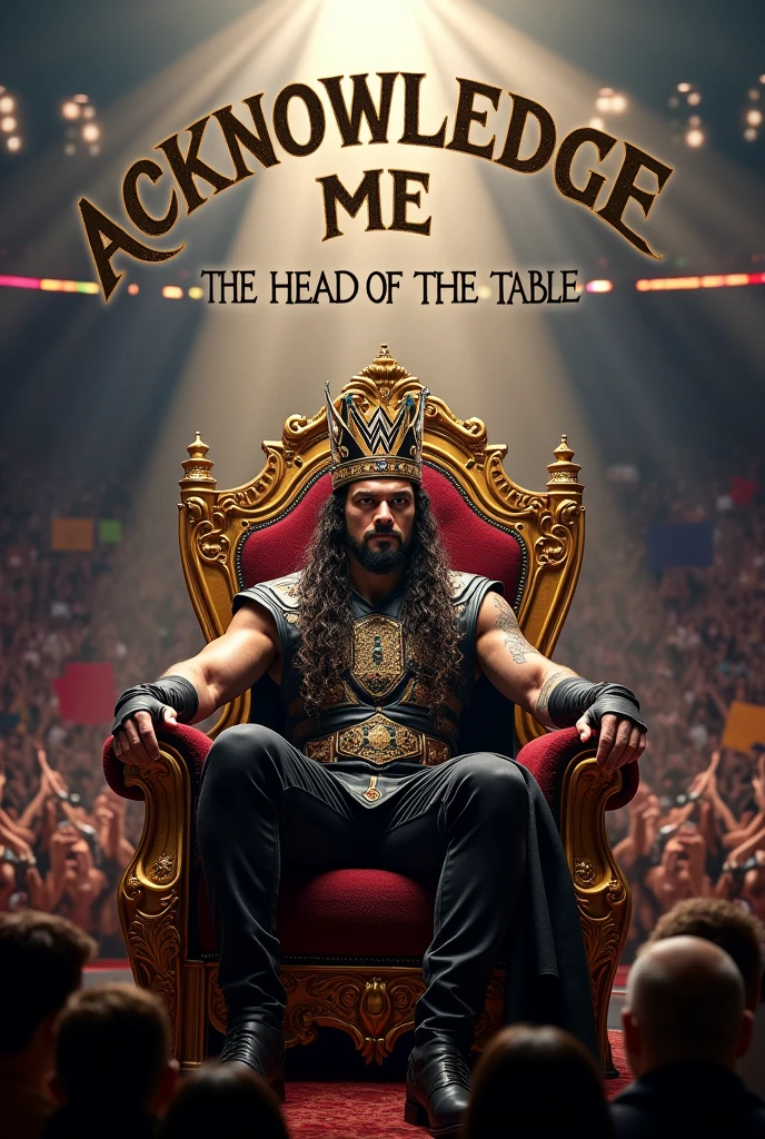 Create a image of Roman Reigns sitting on the chair wearing crown on head with the text of acknowledge me 