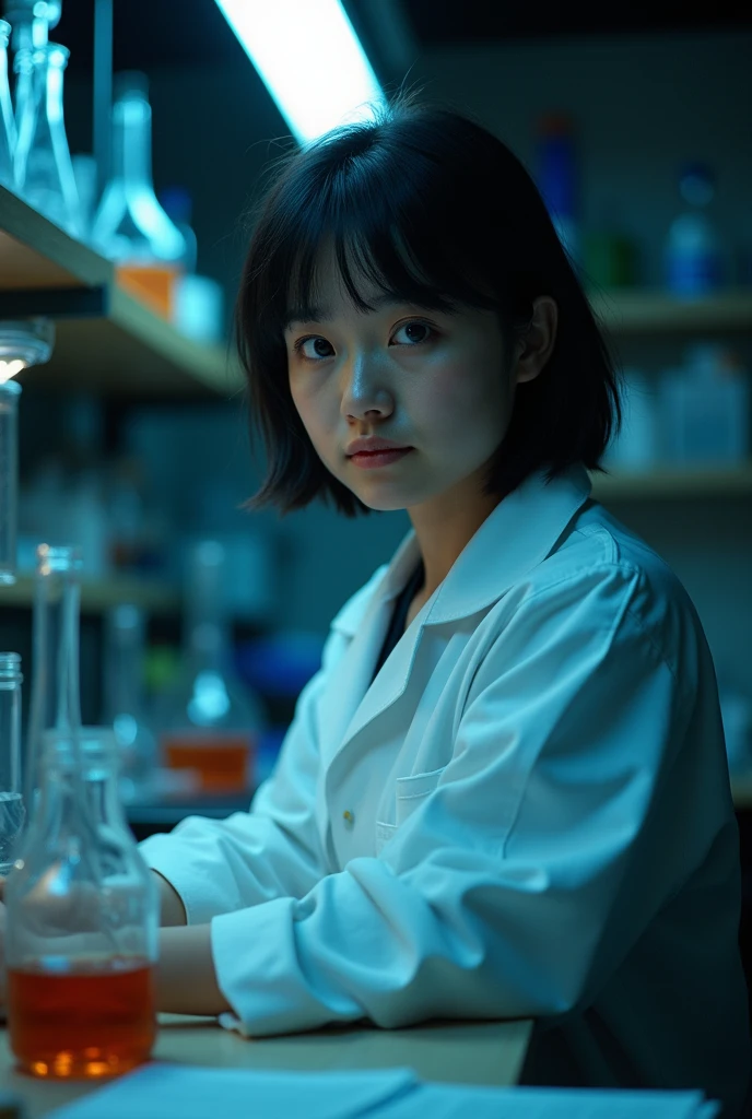 Create a scientist with short black hair, Light brown eyes, tired anime expression, a serious look at a 28-year-old woman