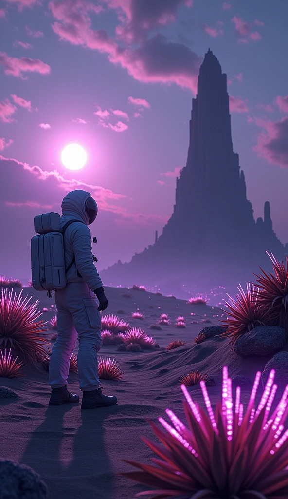 A lone astronaut stands on the surface of an alien planet at dusk. The sky is a deep shade of purple, with swirling clouds illuminated by the light of two moons. The ground is covered in strange, bioluminescent plants that cast an eerie glow. In the distance, a towering, ancient structure, half-buried in the ground, emits a faint, pulsating light. The astronaut reaches out to touch the plants, unsure if they are friend or foe, as a sense of both wonder and dread fills the air.
