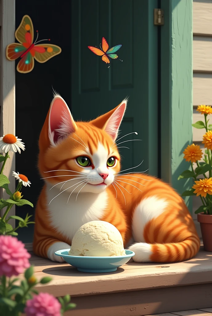 ginger age cat with white and green spots sits on the porch of a village house, White drops of ice cream hang on the cat's whiskers., A painted saucer stands on the floor in front of the cat., There is one melted ball of white ice cream in the saucer, The sun is shining outside, There are flowers growing near the porch, over which colorful butterflies and a dragonfly hover