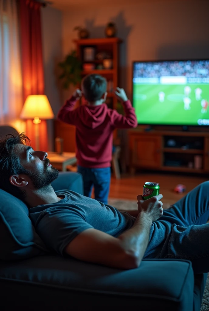 father watching tv and his 12 year old son calling him from behind but the father is ignoring him