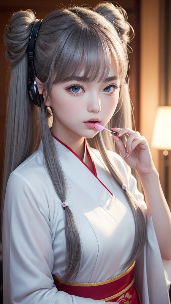 (A beautiful girl in a red traditional Chinese costume, seductively eating a lollipop, wearing headphones in a recording studio, posting cute poses on social media.) (This beautiful girl is , 18% Japanese, 26% French, 56% Ukrainian, 178 cm tall, small bust but stylish, beautifully proportioned figure.) (Her hair is very long, pinkish gray, tied in twin tails with black ribbons, curling in a spiral at the end.) (Her eyebrows are the same color as her hair, thin, a little thick, short, and her eyelashes are long.) (Her big blue eyes reflect the light of the lighting and are amazingly beautiful like pearls.) (Her nose is high like an Englishman, her lips are plump and kissable, her skin is translucent white, and the proportions of her head and face are traditionally Japanese.) Aesthetics. The number of fingers is also noteworthy. Not too many, not too few, and even the tips of her nails are very delicately expressed. (Single, Masterpiece, Ultra-detailed, Highest quality, Artistic composition, Ultra-accurate, Realistic, Photorealistic, High resolution, Dynamic lighting effects, Consider the proportions of the whole composition, Ultra-realistic). Try to highlight facial expressions and appearance. Try your best to meet all these criteria.