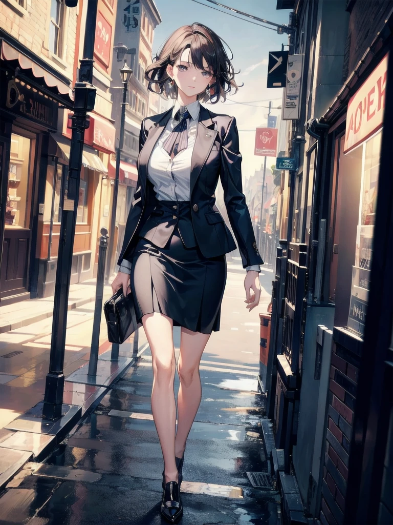 absurdres, RAW photo, extremely delicate and beautiful, masterpiece, Best Quality, ultra high resolution, 32k, hyper realistic, ultra-detailed, Very detailed CG 8k wallpaper, detailed background, landscape, Beautiful Lighting, Perfect Lightning, Realistic Shadows, perfect anatomy, anatomically correct, ideal ratio body proportions, perfect figure, Perfect Style, Perfect balance, super Detailed skin, in her 30s, very Slim body, narrow waist, very small head, very small face, delicate facial features, handsome detailed woman, very detailed eyes and face, realistic face proportions, Realistic beautiful face, Realistic beautiful eyes, tearful mole, earring, (full body shot), (very huge round tits), (full legs), medium short hair, asymmetrical hair, wavy hair, outdoor, business suit, blazer, skirt, blouse,