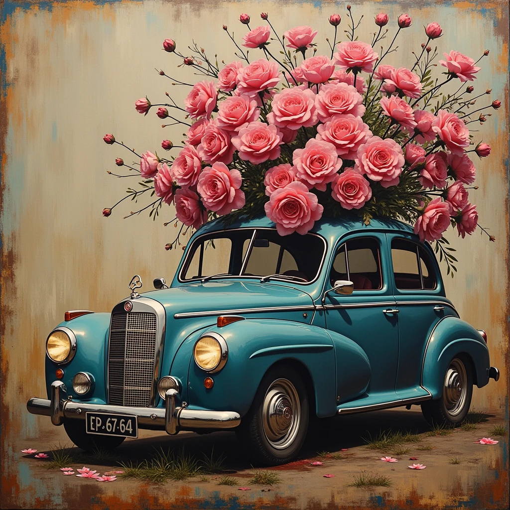 Best quality, masterpiece, super high resolution, Banksy stil, Mercedes EQE, something electrical with electricity, flower