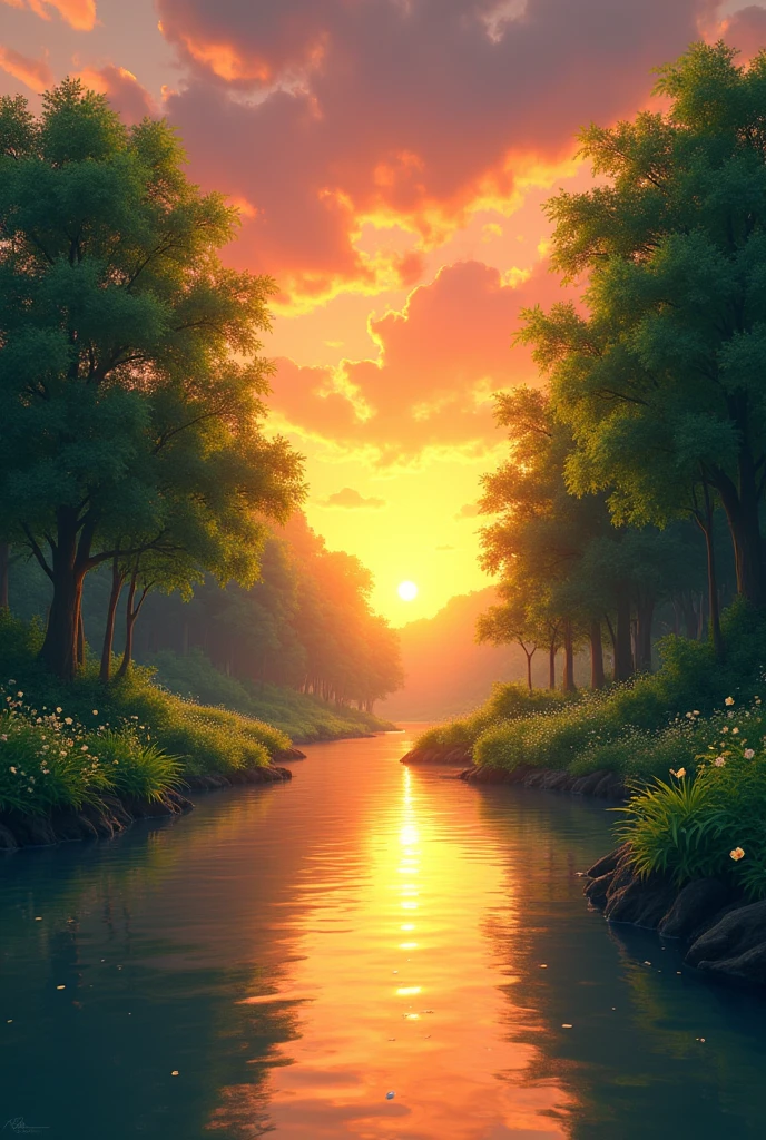 Anime The sunsets over the river valley to cause the golden glow on water illuminating th lush hills
Full green trees