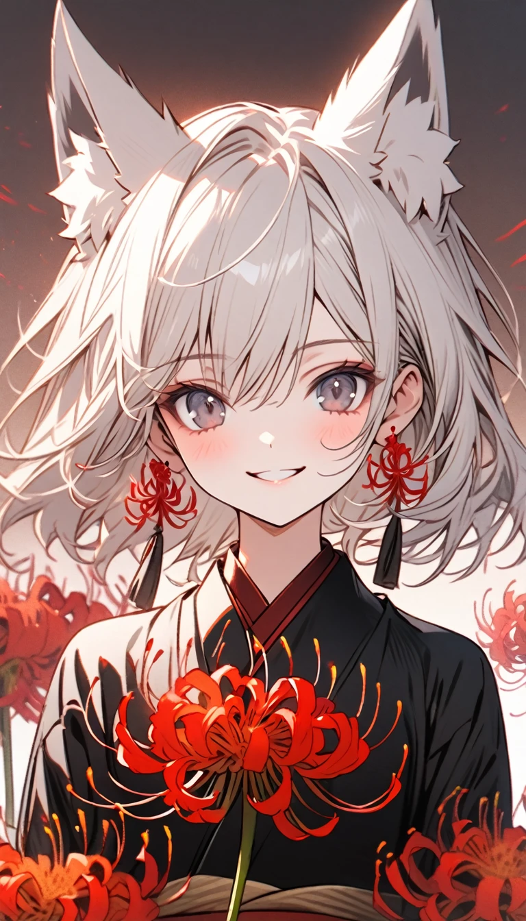 Solitary, 1 female, White hair, black eyes, Black Kimono, Fox ears, Smiling face, Red spider lily, Red spider lily, Red tassel earrings