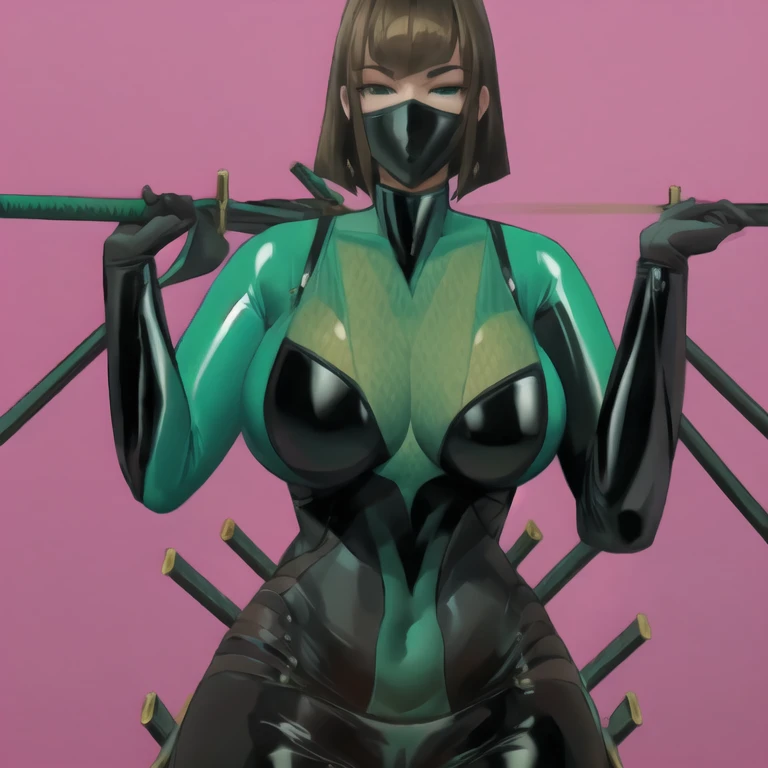 Bo Wei Style, score_9, score_8_up, score_7_up, very detailed, highly detailed texture, smooth, smooth colour, block colour, flat color, LadyB, 1girl, upper body, slim body, slim thighs, bodysuit, detail eyes, solo, looking at viewer, ninja mask, large breasts, simple background, brown hair, green eyes, weapon, ass, bodysuit, holding two hand, katana, ninja background, sheath, skin tight, LadyB bodysuit, ladybninja close-up, 8k detailed,