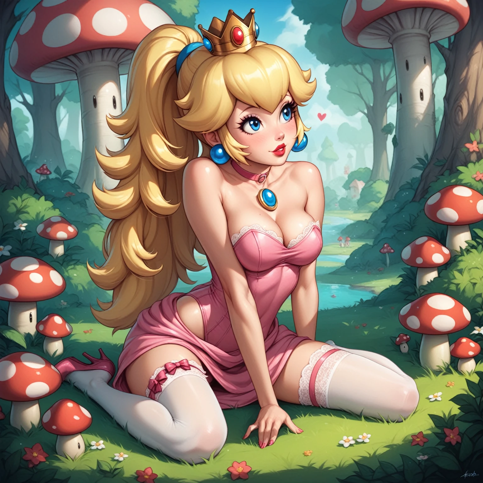 Princess Peach from Super Mario Bros movie, sitting on a giant mushroom, wearing a pink micro dress, white tights, wedding garter, surrounded by a forest of mushrooms. long hair, big eyes, blue eyes, red lips. detailed face, detailed body, sexy body, seductive body, penetrating look. 8k details. flirtatious look, flirting.