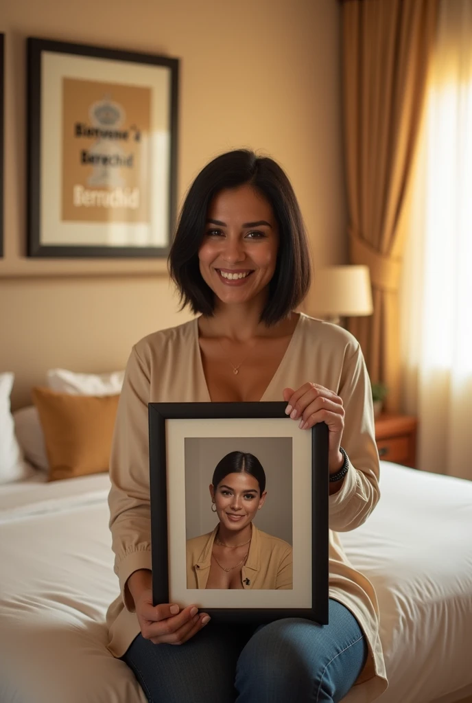 Une femme brune. Les cheveux raides, écartés ou assez écartés du cou, pas longs, de couleurs noirs. Une femme un peu volumineuse par sa forme physique. Assise dans une grande chambre d'hôtel, sur un lit de l'hôtel, souriante, la tête droite, le regard droit fixé vers l'avant, portant dans ses mains une grande photo qu'elle montre bien vers l'avant de sorte que la photo qu'elle montre soit un peu décollée de sa poitrine et derrière elle, accroché sur le mur, un tableau avec 2 écritures sur le tableau. L'une qui dit en langue arabe : Bienvenue à Berrechid et la deuxième en langue française qui dit : Bienvenue à Berrechid.