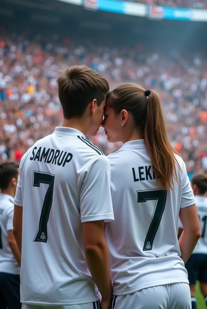 Young man with realmadrid shirt wearing 7 jersey and name as Samdrup at back of shirt.and a girl wearing 7 realmadrid jersey number and name as Leki at her back of shirt.make both of them hugging and at foot ball stadium.make the name visible of both not the face