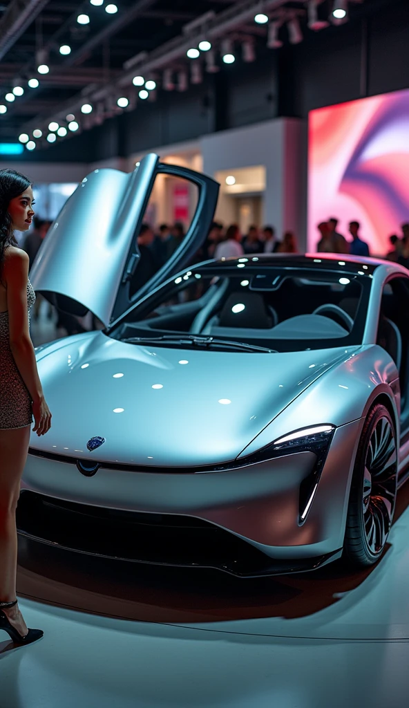 car photography at car show, concept electric car, a futuristic electric car, a woman standing next to the open hatchback door, beautiful detailed eyes, beautiful detailed lips, extremely detailed eyes and face, long eyelashes, elegant pose, luxury interior, advanced technology, photo studio lighting, 8k, hyperrealistic, cinematic, vibrant colors, concept art