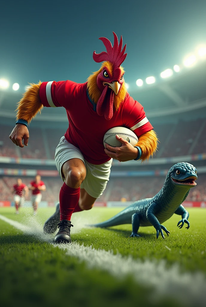 Angry muscular rooster dressed up in a red uniform running away with a rugby ball from sea eel in a rugby stadium.