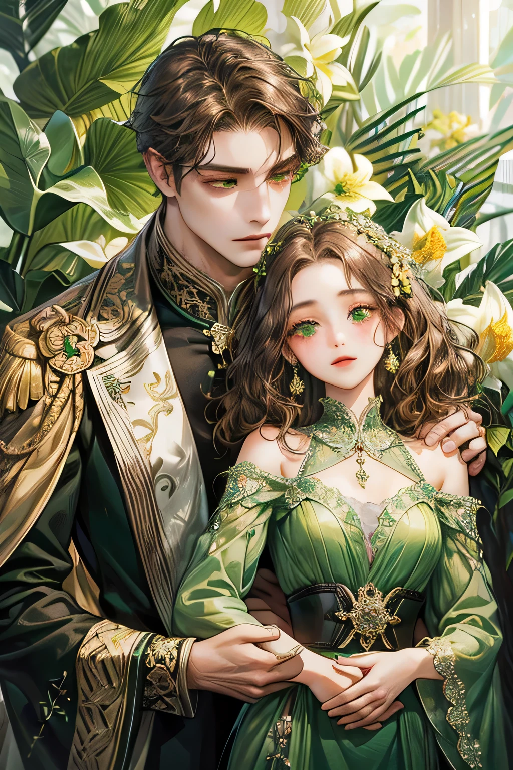 Couple, surounded by daffodil flower, green suit, extreme detailed face, detailed eyes, detailed hand and body, green eyes, 4K ultra, curly dark brown wavy hair, gown, javanese style, accurate, detailed