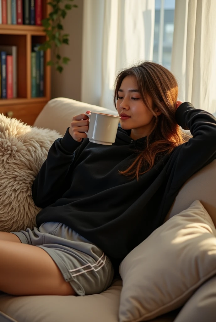 A woman in grey lounge house dolphin shorts with white lines on the side and a black hoodie while at home