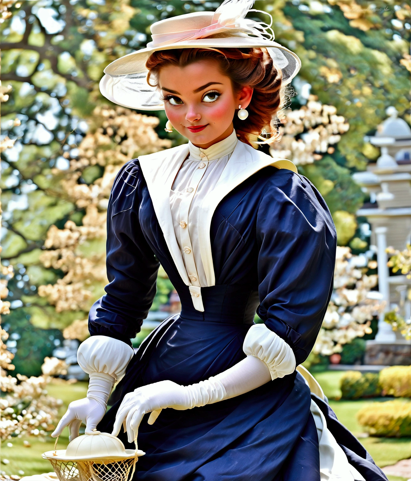 Year 1898. Humanized Minnie Mouse as a pretty, flirty **** girl. 1890_dr3ss. Victorian high-collar navy blue dress with (((long puff sleeves cuffed into wrist-high white silk gloves. )))Powder blue sash cinched around her waist. Navy blue ankle skirt. (((Pink straw boater hat with a stuffed white bird held on top and a veil in the front))). Long brunette hair (((tied into a bun enclosed in a net))). Gorgeous face, coquettish smile. Wasp waist. (((Bubble butt sticking out))). Petticoats. Thigh-high silk stockings. High-waisted open bloomers. (((White high-heel button boots:1.2))). 1890s fashion. Victorian park setting. Full body 