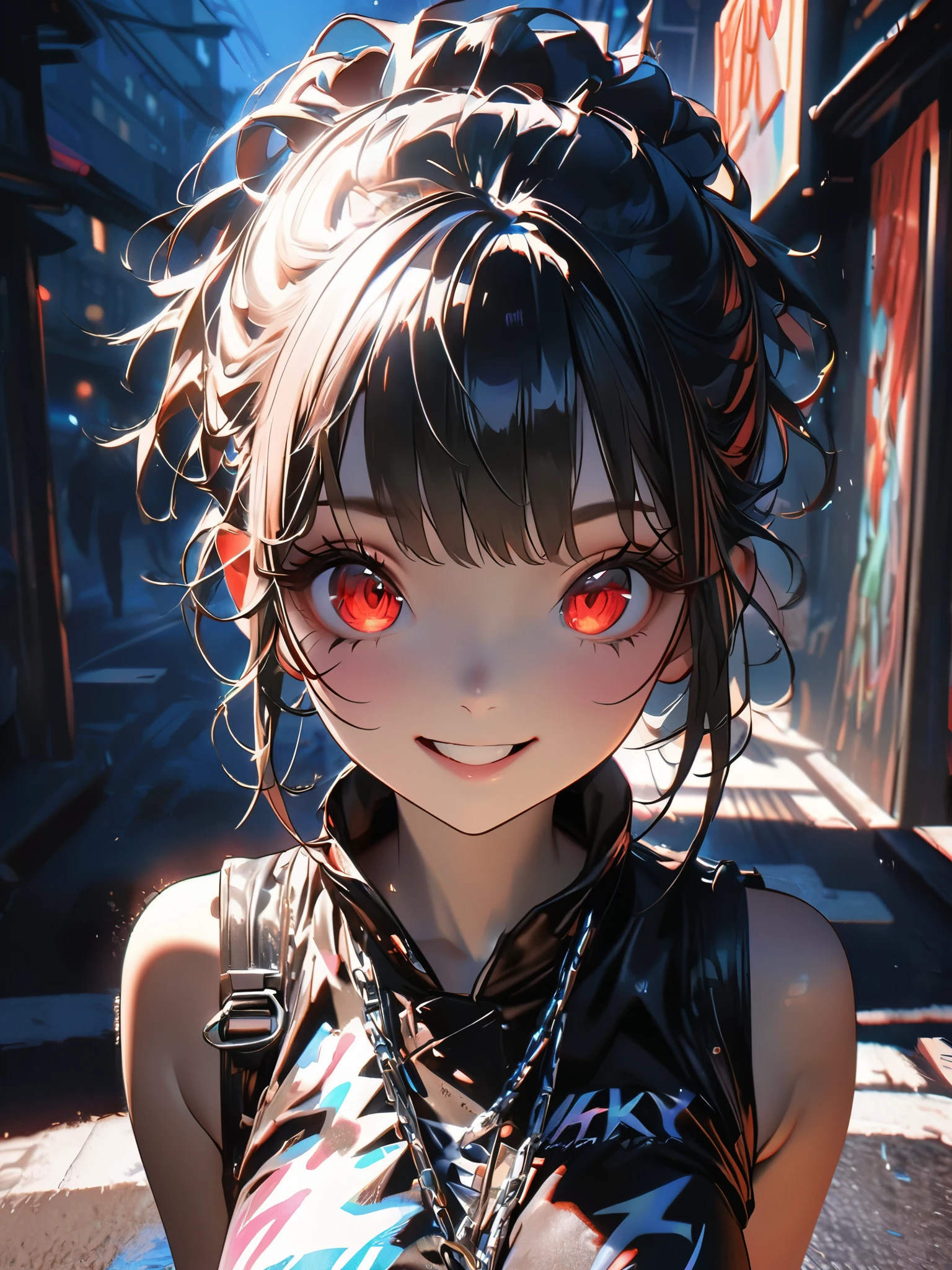 1 person, chromatic aberration, Written boundary depth, Soft Light, masterpiece, Highest quality, complicated, Tone Mapping, A place where fireworks are set off at festivals. Concept Art, Smooth, Clear focus, Dramatic lighting, Very cinematic, super practical painting, アートステーション's trending, 8k, Incredible Shadows, practical, whole body, View, Viewers, Portrait of a Girl 1, standing on street corner, Heavy rain and lightning、Dark Sky, neon and cyber punk background, she is dressed in punk clothing with silver chains and silver spikes, Her hair was dyed a bright black color..........Ominous aura of light, smile, punk, ciber punk, Backlight.Fashionable clothes、Friendly dress code:Stylish light blue sleeveless denim style.My breasts are a little big.Beautiful red eyes