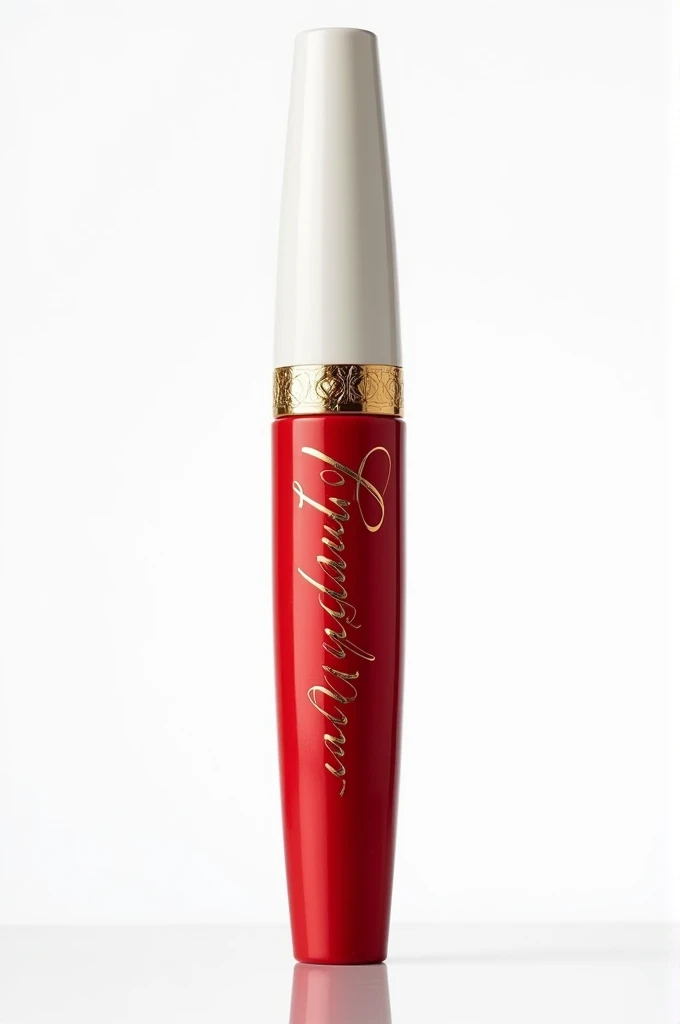 Create an image of a mascara with a gold and white cap.. The base should be red and the packaging should display an elegant label with the brand name Glamour Express. Empty transparent white background