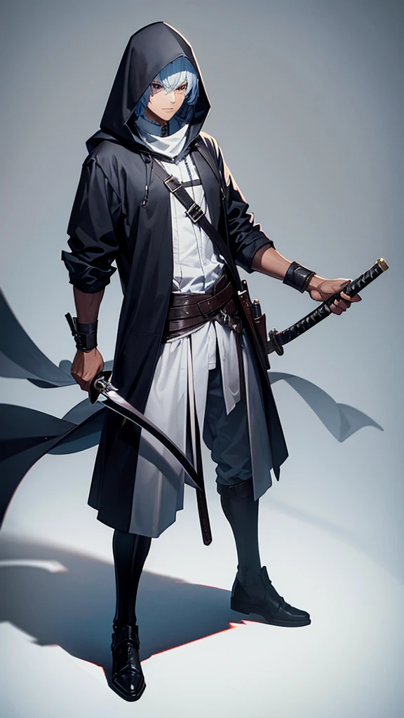 A man with a hood on his head, a full-body covering, short hair, holding a sword, holding a gun.