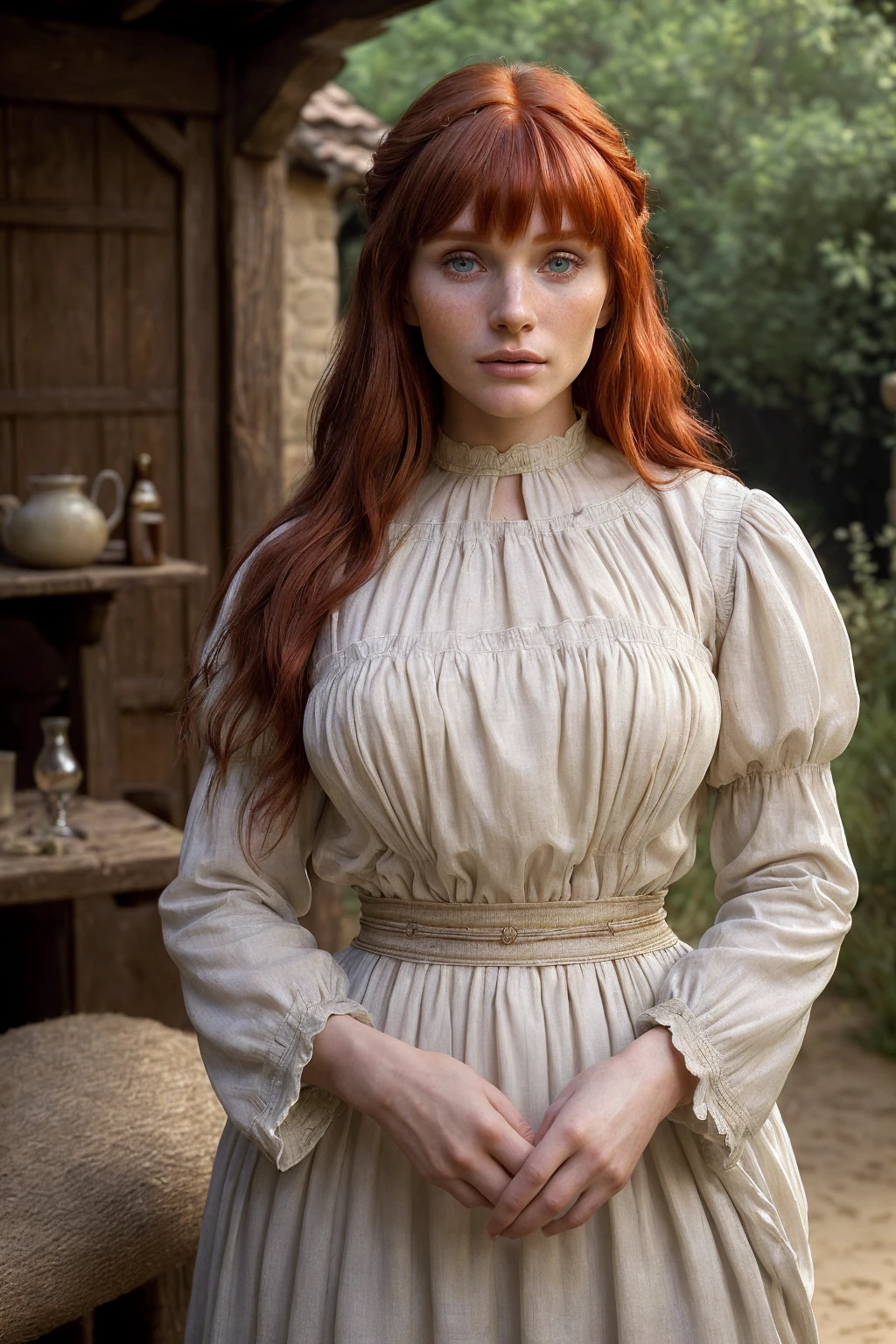 hyper photorealistic, ethereal beauty a cute peasant woman, face identical to Bryce Dallas Howard, small European village, (42 years), youthful, soft contoured, sweet sweet soft gentle smile, (detailed face and eyeull body portrait, (extremely sexy), Masterpiece, pleasure, massive breasts, Full figured woman, full body, expression enjoyment, idyllic aura, medieval environment, cinematic lighting, reddish smooth hair, blunt bangs, fine facial traits, fleshy-slim physique, (depth of field), ultra detailed, cinematic