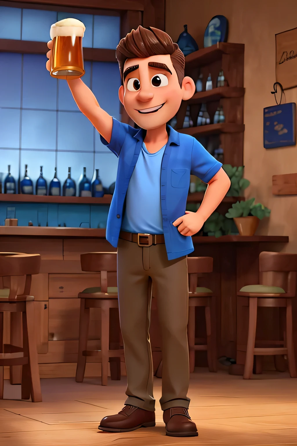 man with a blue shirt and open arms holding a beer mug