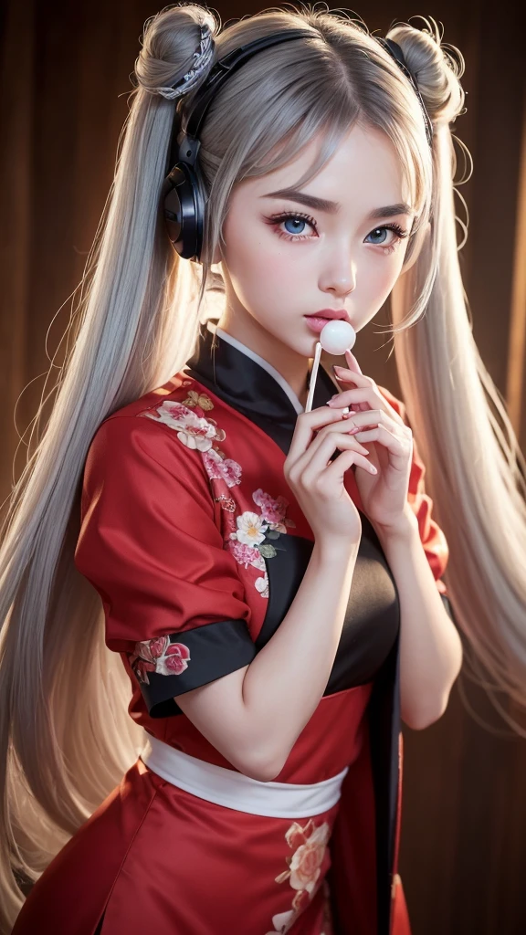 (A beautiful girl in a red traditional Chinese costume, seductively eating a lollipop, wearing headphones in a recording studio, posting cute poses on social media.) (This beautiful girl is , 18% Japanese, 26% French, 56% Ukrainian, 178 cm tall, small bust but stylish, beautifully proportioned figure.) (Her hair is very long, pinkish gray, tied in twin tails with black ribbons, curling in a spiral at the end.) (Her eyebrows are the same color as her hair, thin, a little thick, short, and her eyelashes are long.) (Her big blue eyes reflect the light of the lighting and are amazingly beautiful like pearls.) (Her nose is high like an Englishman, her lips are plump and kissable, her skin is translucent white, and the proportions of her head and face are traditionally Japanese.) Aesthetics. The number of fingers is also noteworthy. Not too many, not too few, and even the tips of her nails are very delicately expressed. (Single, Masterpiece, Ultra-detailed, Highest quality, Artistic composition, Ultra-accurate, Realistic, Photorealistic, High resolution, Dynamic lighting effects, Consider the proportions of the whole composition, Ultra-realistic). Try to highlight facial expressions and appearance. Try your best to meet all these criteria.