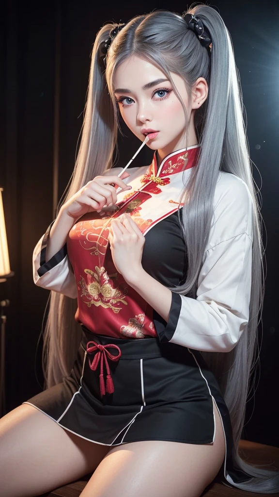 (A beautiful girl in a red traditional Chinese costume, seductively eating a lollipop, wearing headphones in a recording studio, posting cute poses on social media.) (This beautiful girl is , 18% Japanese, 26% French, 56% Ukrainian, 178 cm tall, small bust but stylish, beautifully proportioned figure.) (Her hair is very long, pinkish gray, tied in twin tails with black ribbons, curling in a spiral at the end.) (Her eyebrows are the same color as her hair, thin, a little thick, short, and her eyelashes are long.) (Her big blue eyes reflect the light of the lighting and are amazingly beautiful like pearls.) (Her nose is high like an Englishman, her lips are plump and kissable, her skin is translucent white, and the proportions of her head and face are traditionally Japanese.) Aesthetics. The number of fingers is also noteworthy. Not too many, not too few, and even the tips of her nails are very delicately expressed. (Single, Masterpiece, Ultra-detailed, Highest quality, Artistic composition, Ultra-accurate, Realistic, Photorealistic, High resolution, Dynamic lighting effects, Consider the proportions of the whole composition, Ultra-realistic). Try to highlight facial expressions and appearance. Try your best to meet all these criteria.