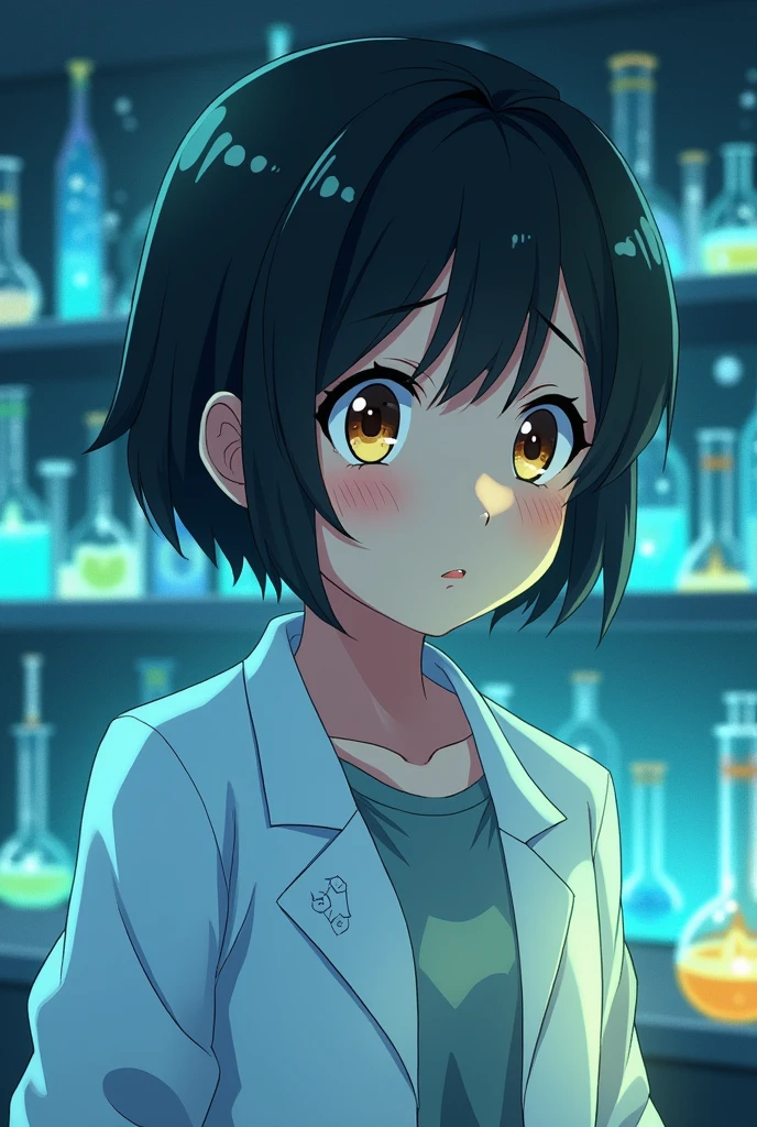 Create a scientist with short black hair, Light brown eyes, tired expression, serious look, 32 years anime style