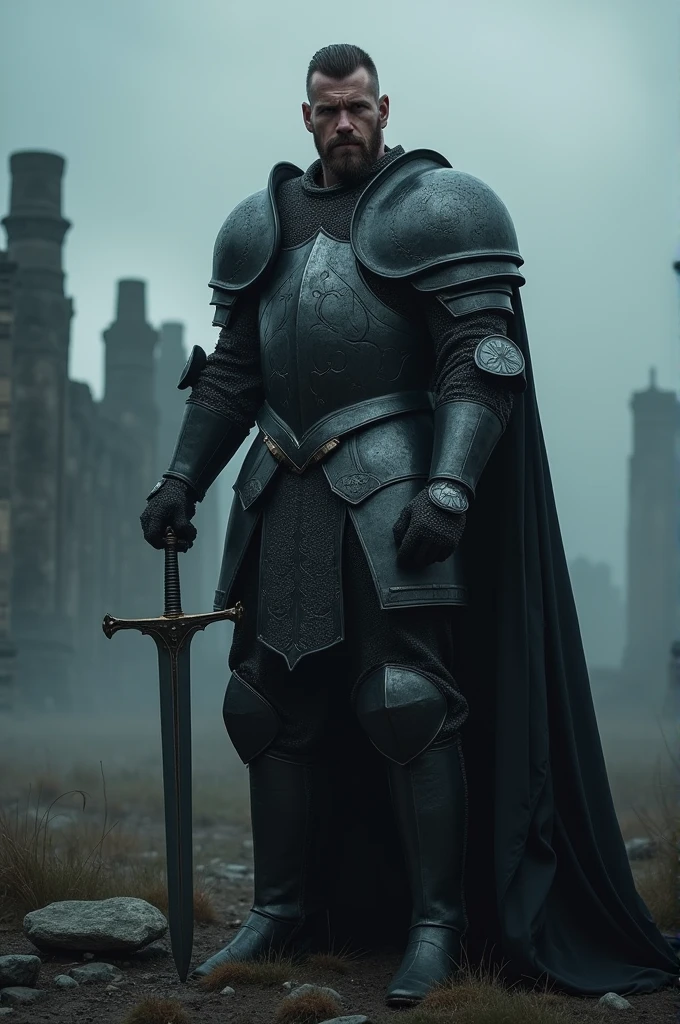 A big man, with broad shoulders in a grand medieval armor of black color. He holds a gray steel sword, sem brilho